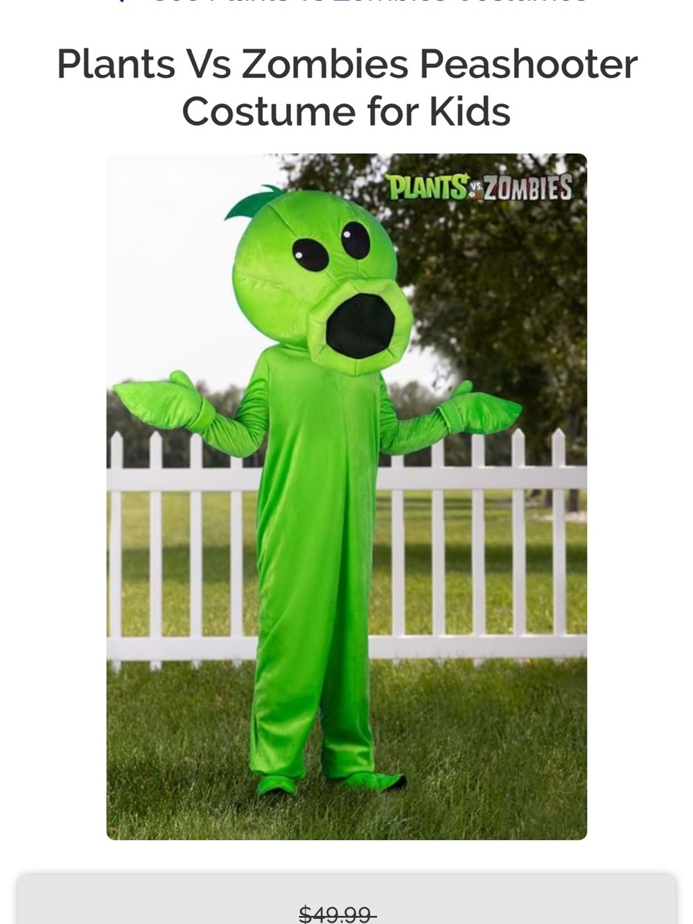 Plants VS Zombies peashooter costumer kids medium New with tags